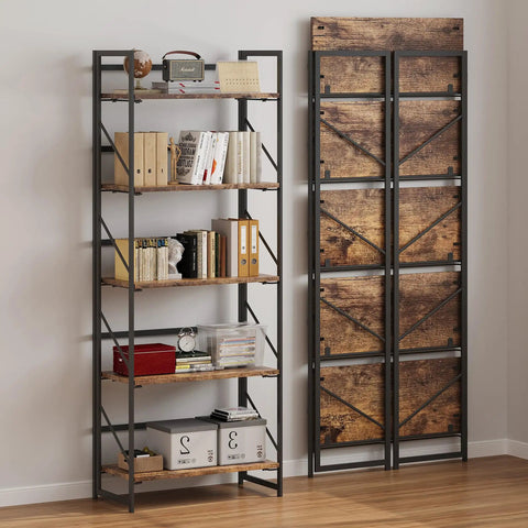Sleek Five Tier Folding Bookshelf, Legit Heavy Duty Metal Frame And Vintage Wood Shelves, compact design with books and decor.