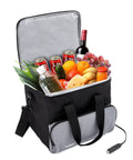 Portable Electric Cooler Bag Keeps Your Drinks Straight Up Frosty On Weekend Road Trips 15 Liter filled with drinks and fruits.