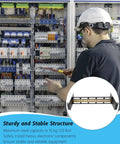 Technician installing Rack Ready 19 Inch Rack Mount DIN Rail Kit in a control panel, showing heavy duty metal structure.