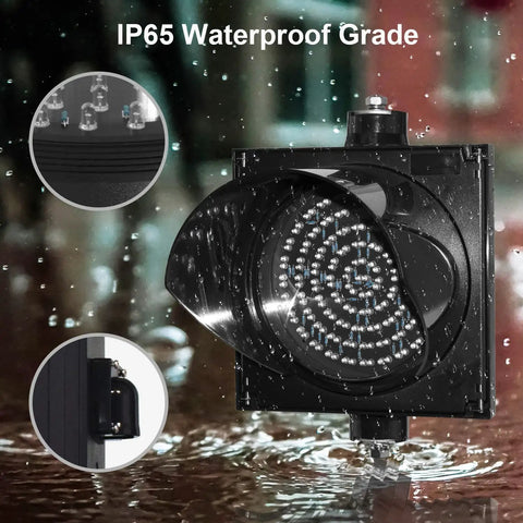 8 Inch Red And Green 2 In 1 Traffic Light Stop And Go LED Light With Black PC Housing Clear Lens Outdoor Waterproof IP65 Industrial LED Traffic Lamp AC Input 85 To 265V showing IP65 waterproof grade in rainy weather