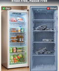 Comparison of 11 Cubic Foot Convertible Upright Fridge And Freezer Freestanding Setup showing frost-free interior and frozen items.
