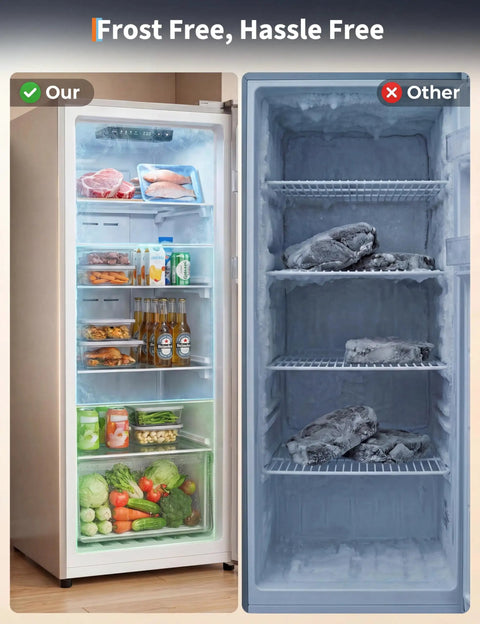 Comparison of 11 Cubic Foot Convertible Upright Fridge And Freezer Freestanding Setup showing frost-free interior and frozen items.