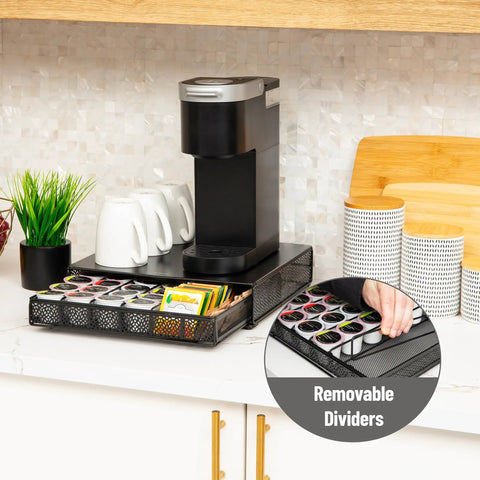 36 Pod Single Serve Coffee Pod Drawer Organizer For Your Countertop With Removable Dividers, Metal Build With A Slick Black Finish