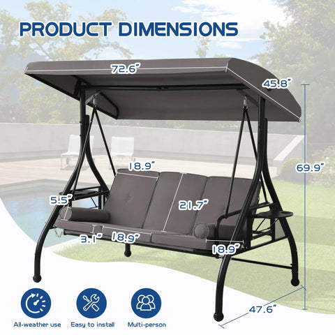 Product dimensions of gray Three Seat Patio Swing With Adjustable Canopy And Stand Heavy Duty Outdoor Porch Glider Bench