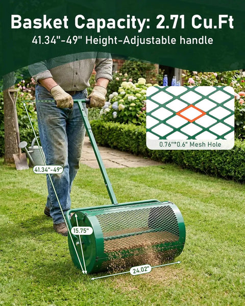 Heavy Duty Workhorse 24 Inch Compost Spreader With Push And Tow Handle Five Height Adjustable Powder Coated Steel Garden Spreader