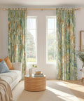 Living room with floral curtains on Wood Curtain Rod 1 Inch Rugged Heavy Duty Drapery Rod With Imitation Wood Grain Leaf Pattern Finials.