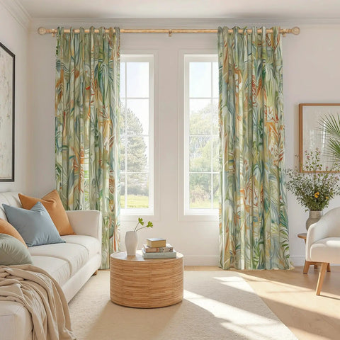 Living room with floral curtains on Wood Curtain Rod 1 Inch Rugged Heavy Duty Drapery Rod With Imitation Wood Grain Leaf Pattern Finials.