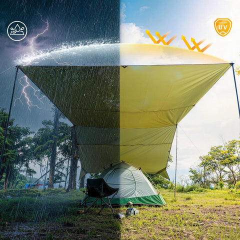 Big Ol 17x10 Ft Camping Tarp Shelter Waterproof UV-Resistant Rain Fly For Hammocks And Tents over a tent in rain and sun environment