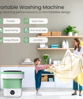 No Sweat Compact Laundry Setup With Smart Blue Light Wash And Turbo Spin Basket For Spotless Baby Clothes Intimates Socks Gray Portable Washing Machine 20 Liter Mini Washer with a child handing a blanket to an adult.