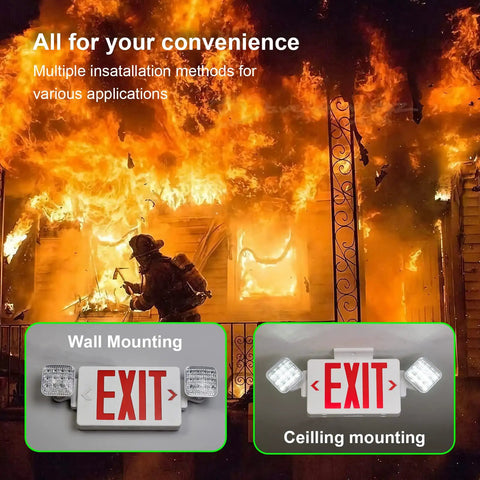Red Exit Sign With Emergency Lights Battery Backup LED Exit Light UL Listed For Commercial Use shown in fire scene with mounting options