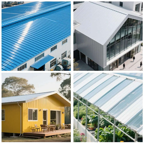 Collage of buildings with standing seam metal roofs, showcasing different angles of roof installations using Pro Grade Standing Seam Roof Hand Seamer 475.