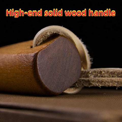Close-up of Go-To 5.9 Inch Ferro Rod Fire Starter Kit with solid wooden handle and leather sheath detail against dark background.