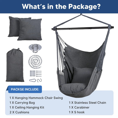 Durable Outdoor Hammock Chair Swing With Steel Support Bar And Side Pocket, Large Hangin Chair For Patio Or Garden packaging contents