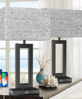 Two Pack 22 Inch Tall Touch Control Table Lamps With 2 USB Ports, 3 Way Dimmable Bedside Lamps, Fabric Gray Shade on table.
