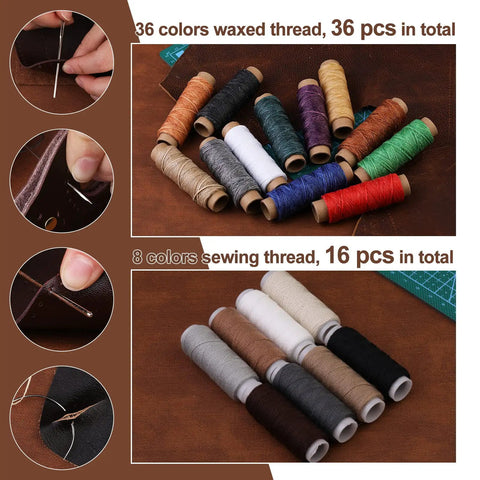 Ultimate Leather Working Starter Kit 628 Pcs with Leather Pony showing various waxed and sewing threads in multiple colors.