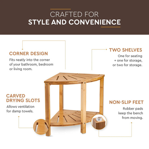 Corner Bamboo Shower Bench With Storage Shelf, 2 Tier Wood Seat, Non Slip Feet, Go To Bath Stool And Organizer For Bathroom.