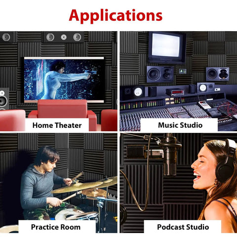 High Density Acoustic Foam Soundproofing Wedges For Walls And Studio Banish Noise Like A Pro With Fire Resistant Design Hella Effective Noise Absorbing Treatment Black 1 Inch Thick 12 Pack Sonic Sanctuary in home theater and music studio.