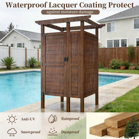 All Weather Solid Wood Outdoor Shower Enclosure With Storage Shelf And Lockable Door by poolside, waterproof design shown