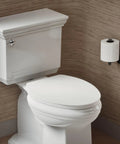 No Sweat Quiet Close Elongated Toilet Seat In Crisp White With Grip Tight Bumpers And Slam Prevention Hinges for a modern bathroom setup.