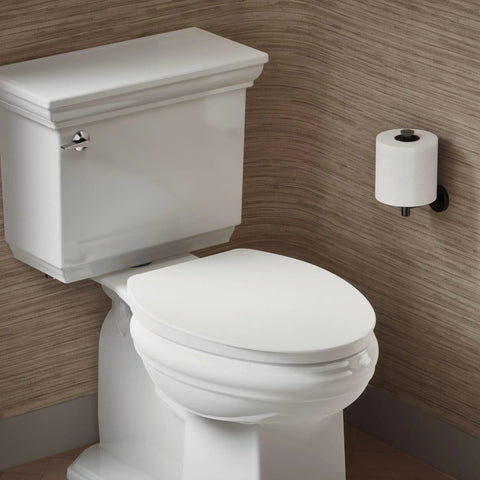 No Sweat Quiet Close Elongated Toilet Seat In Crisp White With Grip Tight Bumpers And Slam Prevention Hinges for a modern bathroom setup.