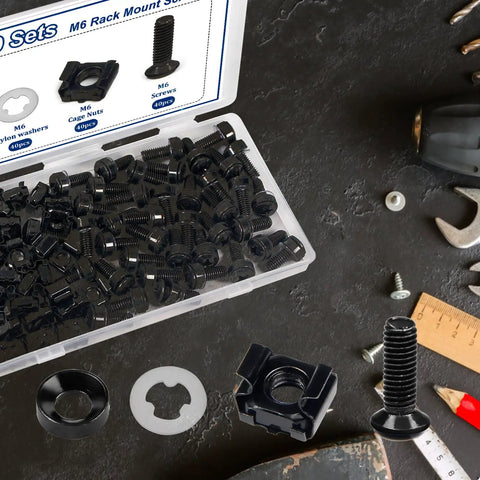 40 Sets M6 Rack Mount Hardware Kit With Cage Nuts, Screws, Nylon Lock Washers, And Washers For Server Racks