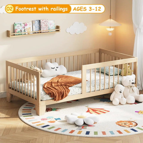 Low Profile Twin Floor Bed With Quick Release Guardrails And Sturdy Wood Frame For Zero Fuss Independent Rest and toy decor in bright nursery.