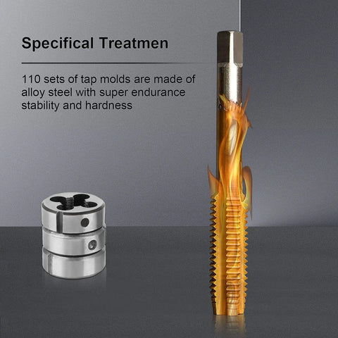 Heavy Duty Metric Tap and Die Set M2 to M18 With Case and Full Accessories, 45 Steel Construction shown with tap and dies