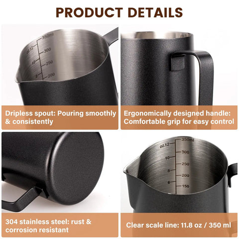 12Oz Stainless Steel Milk Frothing Pitcher With V Shaped Spout And Teflon Coating Espresso Steaming Jug Details