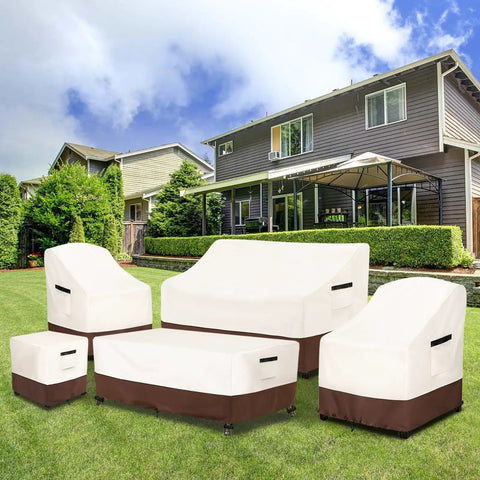 Two Pack Waterproof Adirondack Chair Covers Heavy Duty Outdoor Furniture Covers For All Weather Protection That Keeps Your Chairs Dry And Clean 30W X 34D X 36H Inches Beige And Brown.