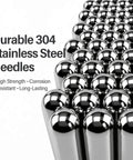 Close-up of durable 304 stainless steel needles, highlighting high strength and corrosion resistance, long-lasting quality