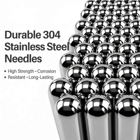 Close-up of durable 304 stainless steel needles, highlighting high strength and corrosion resistance, long-lasting quality