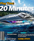 High Speed RC Boat 30KMH With Waterproof Hull on water with LED lights, showing 120m range and 20 min play time.