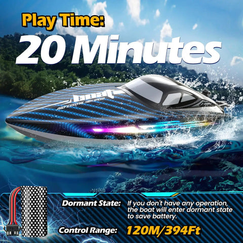 High Speed RC Boat 30KMH With Waterproof Hull on water with LED lights, showing 120m range and 20 min play time.