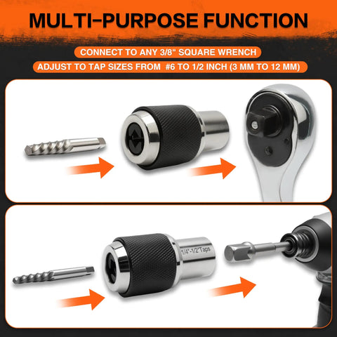 Two Piece Tap Socket Set With Three Eighths Inch Drive, featuring adjustable jaws for size 6 to 1/2 inch taps and extraction sockets.