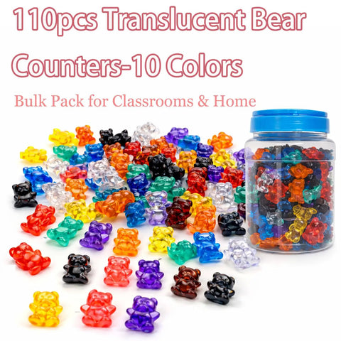 Kid Approved 110 Pieces Translucent Counting Bears With Heavy Duty Plastic Jar Color Sorter for Preschool STEM activities.