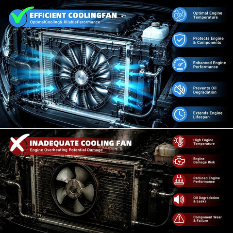 Hella Reliable Slick Original Quality Radiator Cooling Fan Assembly Compatible With 2010 To 2017 Volkswagen Jetta Golf Beetle And Rabbit displaying efficient vs inadequate cooling performance.