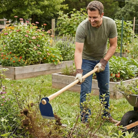 Man using Grub Hoe Head 1.6 Lb Heavy Duty Garden Tool With Four And A Half Inch Blade Width And One And Three Quarter Inch Hole in garden