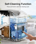 Countertop Nugget Ice Maker Cranks Out 35 Pounds Of Snap Bubble Ice Daily, showing self-cleaning function in clear design.