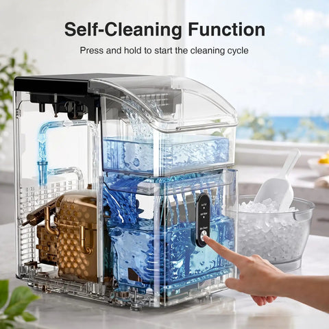 Countertop Nugget Ice Maker Cranks Out 35 Pounds Of Snap Bubble Ice Daily, showing self-cleaning function in clear design.