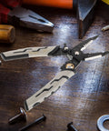 Pretyzoom 7-In-1 Cable Stripper And Crimper For Electricians shown on a workbench with a focus on its carbon steel construction and ergonomic design.