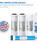 Filter-Max45 US Made 50 GPD Complete Replacement Set with sediment, carbon block, inline carbon filters, and Dow FilmTec membrane