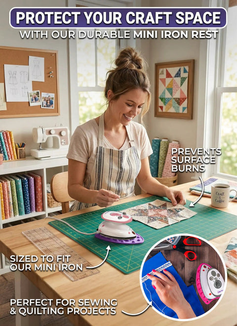 Woman using mini iron rest silicone heat resistant mat for sewing in craft room with window. Mini Iron Rest Silicone Heat Resistant Mat For No Fuss Crafting Sewing And Quilting Supplies Travel Ready Durable Protective Surface For Travel Iron Lime Green.
