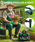 Foldable Garden Kneeler Seat Bench With Cross Body Tool Bag And Removable Pouch in use by a gardener