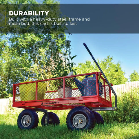 Heavy Duty Steel Utility Cart With 800 Pound Load Capacity 4 Cu Ft Bed Black Finish; red wagon with plants on lawn