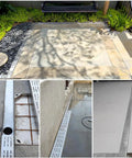 All In One Outdoor Trench Drainage Kit For Lawn And Driveway With Hidden Grate French Drain Style And Narrow Channel Design That Channels Rainwater Away Keeping Pathways Patios And Gardens Dry And Looking Great installed on patio with stainless steel components.