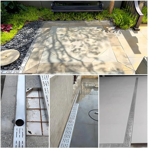 All In One Outdoor Trench Drainage Kit For Lawn And Driveway With Hidden Grate French Drain Style And Narrow Channel Design That Channels Rainwater Away Keeping Pathways Patios And Gardens Dry And Looking Great installed on patio with stainless steel components.