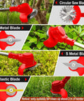 Cordless Weed Wacker 3-In-1 Grass Trimmer For Yard Work showcasing circular, metal, S metal, and plastic blades in use