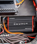 GP2000 2000W 2 Channel Car Amplifier With Beefy Bridged Mono 4 Ohms installed in vehicle with visible wiring
