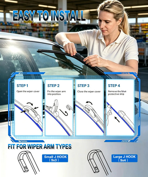 Installation steps for Straight Up Tough 26 and 16 Inch Windshield Wiper Blades with Heavy Metal Frame for All Season Action.