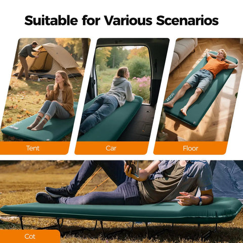 Self Inflating Sleeping Pad With Electric Pump For No Fuss Quick Setup 3.15 Inch Memory Foam Camping Pad R Value 9.5 Built In Pillow 4 Season Mat For Tent Car Camping And RV shown in tent, car, and home settings